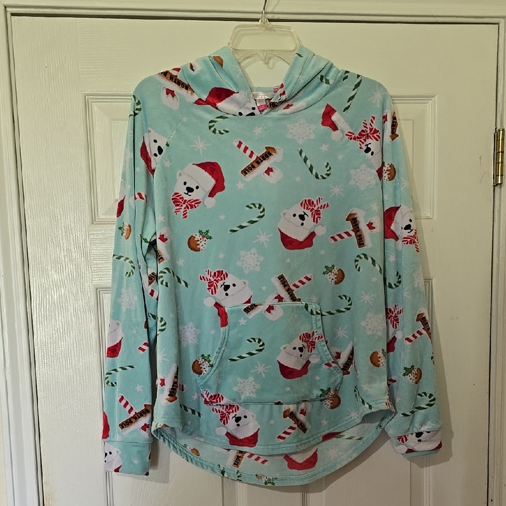 No Boundaries Festive Holiday Hoodie with Polar Bear Santa and Candy Cane Print
